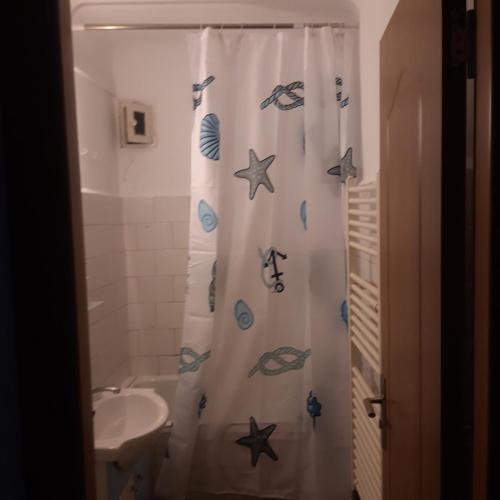 a bathroom with a shower curtain with star fish on it at RIO STUDIO in Sinaia