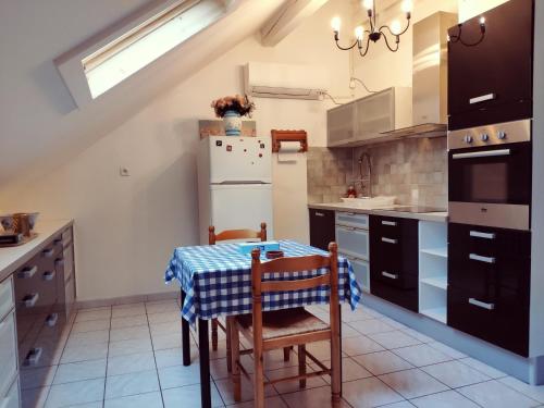 uma cozinha com uma mesa e um frigorífico branco em Au bord du Foron em Scionzier