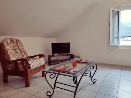 a living room with a chair and a coffee table at Au bord du Foron in Scionzier