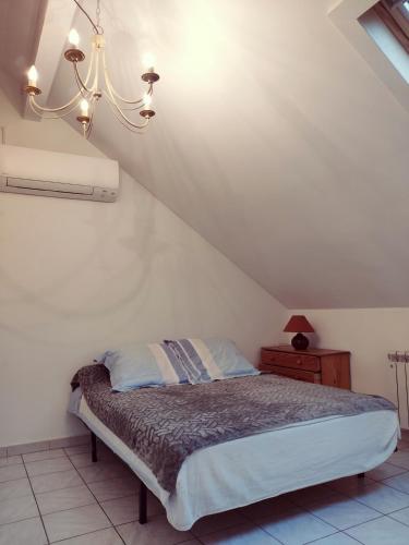1 dormitorio con cama y lámpara de araña en Au bord du Foron, en Scionzier