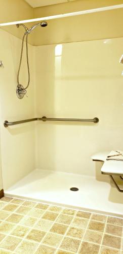 a bathroom with a shower and a sink at Lodging on the Square in Berlin
