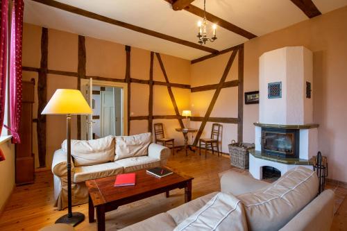 a living room with two couches and a fireplace at Altes Pastorat Schwichtenberg in Borrentin