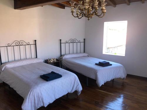 Cette chambre comprend deux lits et un lustre. dans l'établissement A Casa do Chico, à Ourense