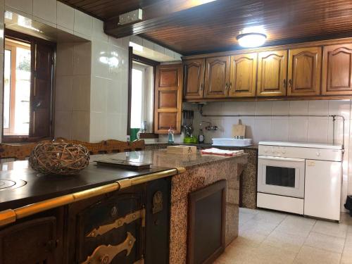 a kitchen with wooden cabinets and a counter top at A Casa do Chico in Ourense