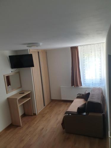 Un dormitorio con un sofá, un escritorio y un televisor. en Casa Patricia, en Lupeni