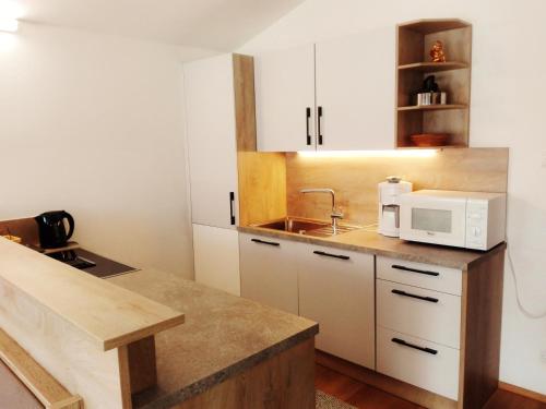a kitchen with a sink and a microwave at Ferienhaus Bergland in Flachau