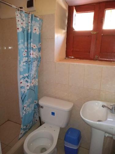 a bathroom with a toilet and a sink and a window at Hotel Sueños del Chuncho in Yauyos