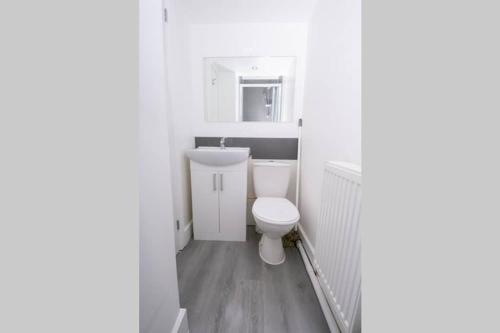 a white bathroom with a toilet and a sink at Quirky, Stylish & Modern Studio in Central Reading in London