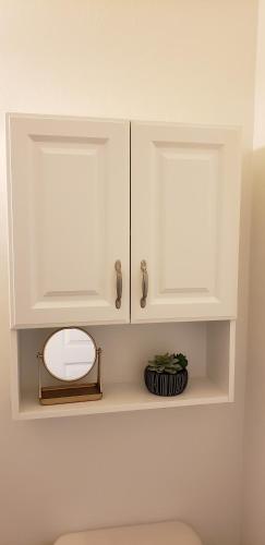 a white cabinet with a mirror and a plant at Spacious 2BR 2BA Suite - Walk to Mall & Hospitals in Gainesville