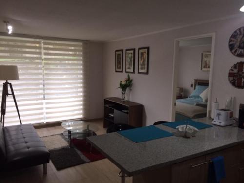 a kitchen and living room with a table and a couch at Apart Hotel R&P Depto B in Puerto Varas