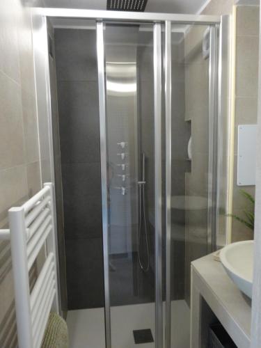 La salle de bains est pourvue d'une douche en verre et d'un lavabo. dans l'établissement Les Cigalines, à Saint Cyprien Plage