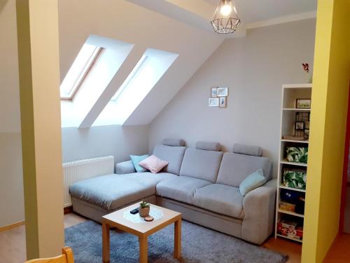 a living room with a couch and a table at Apartament Kaktus in Mrągowo