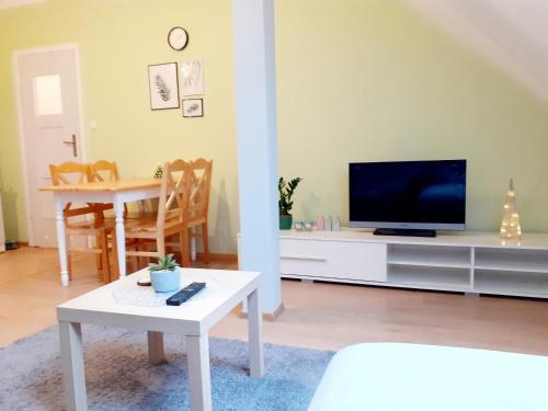 ein Wohnzimmer mit einem TV und einem Tisch in der Unterkunft Apartament Kaktus in Mrągowo