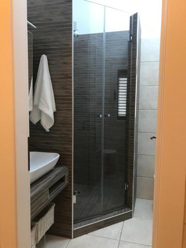 La salle de bains est pourvue d'une douche en verre et d'un lavabo. dans l'établissement Il Vicoletto di Grace, à Monopoli