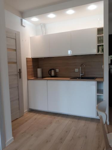 a kitchen with white cabinets and a sink at Apartament Szary Wilk in Świeradów-Zdrój
