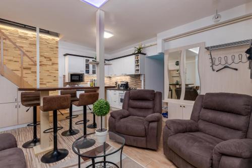 ブダペストにあるFireworks Rakocziのリビングルーム(ソファ、椅子付)、キッチンが備わります。