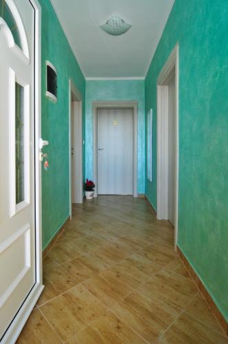 an empty hallway with green walls and a white door at Apartments M&T in Tivat