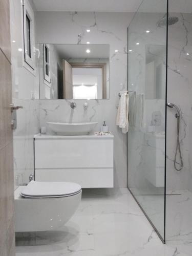 a bathroom with a toilet and a sink and a shower at Despina's Lux apt Downtown in Heraklio