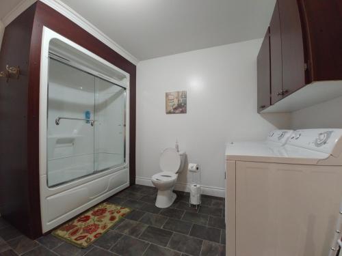 uma casa de banho com um chuveiro, um WC e um lavatório. em Appartement de l'Ange em Saint-Honoré