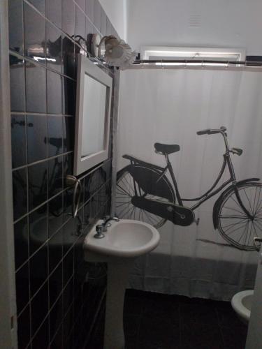 baño con lavabo y bicicleta en la pared en Un apartamento céntrico en Mar del Plata en Mar del Plata