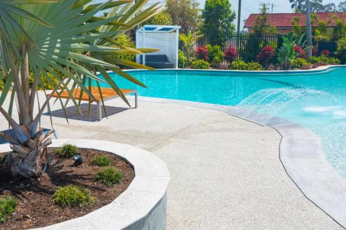 a pool with a palm tree next to a fountain at Hotel Forster in Forster