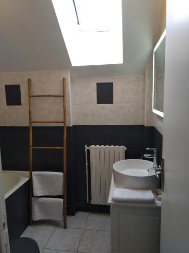 a bathroom with a sink and a toilet and a ladder at Les Gîtes du Château de Passillé in Parigné