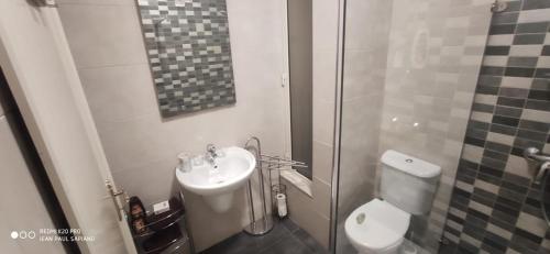 ein Bad mit einem WC, einem Waschbecken und einer Dusche in der Unterkunft Sliema central apartment in Sliema