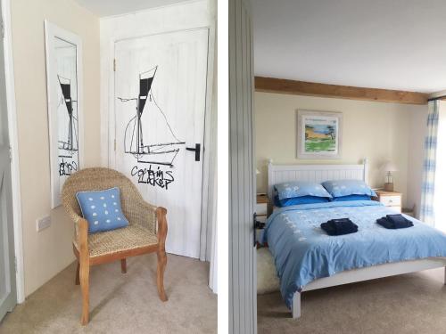 two pictures of a bedroom with a bed and a chair at Daisy in Blackawton