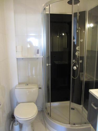 ein Bad mit einem WC und einer Glasdusche in der Unterkunft Appartement Pour 4 Personnes Face A La Plage De La Graviere- Residence San Michele in Hossegor