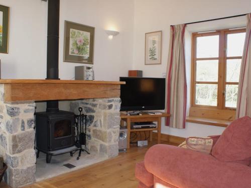 a living room with a fireplace and a tv at Mill House Barn in Okehampton