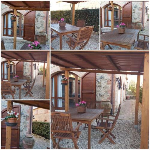 a collage of four pictures of a wooden table with flowers at La Limonaia Country House in Monteriggioni
