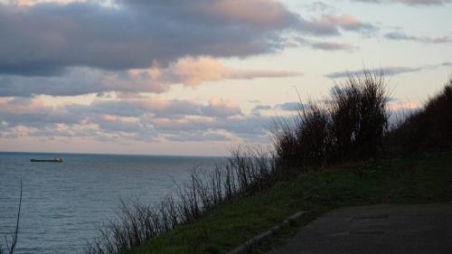 a view of the ocean with a boat in the water at Chalet les falaises in Saint-Léonard