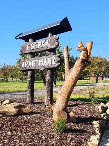 a sign for a park with a squirrel on a log at Apartmány Fišerka in Rokytnice nad Jizerou