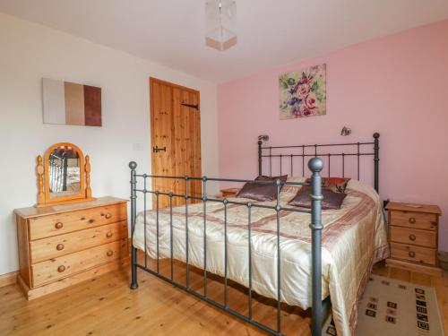 Schlafzimmer mit einem Bett, einer Kommode und einem Spiegel in der Unterkunft Barn Owl Cottage in Launceston