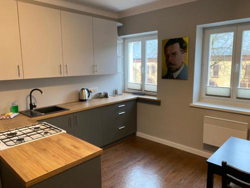 a kitchen with white cabinets and a counter top at DK Apartament Reymonta in Olsztyn