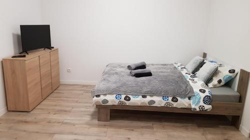 a bedroom with a bed and a wooden dresser at Apartament Fibra Frappe in Rybnik