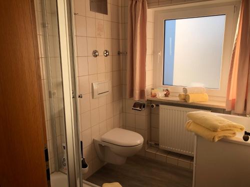 e bagno con servizi igienici, finestra e doccia. di Gästehaus Aurikel 16 a Fischen