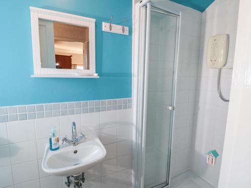 a bathroom with a sink and a shower at Mill Cottage in Saltburn-by-the-Sea