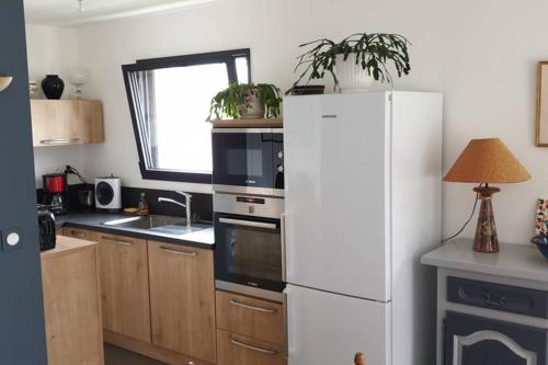 une cuisine avec un réfrigérateur blanc et une fenêtre dans l'établissement LES EMBRUNS JARDIN, à Saint-Pol-de-Léon