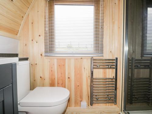 a small bathroom with a toilet and a window at Garraidh Ghorm Pod in Portree