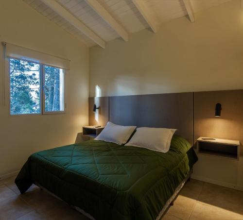 a bedroom with a bed with a green comforter and a window at Blue Bird Flat in San Carlos de Bariloche