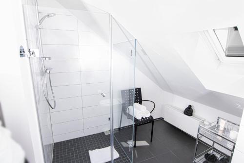 uma casa de banho com um chuveiro e um lavatório. em Alte Uhrmacherei em Heimbach