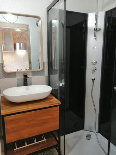 a bathroom with a sink and a shower at Villa Étienne in Le Mont-Dore