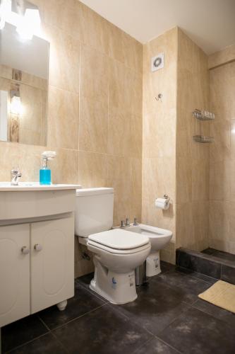 a bathroom with a toilet and a sink at Samaná Departamentos in El Bolsón