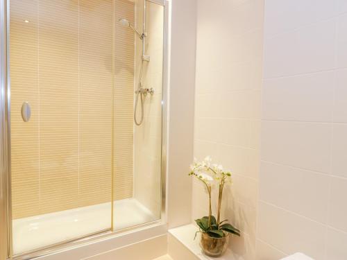 a bathroom with a shower and a vase of flowers at Apartment 1 St Mary's Church in Moffat
