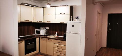 a kitchen with white cabinets and a white refrigerator at Studio Green in Târgu-Mureş