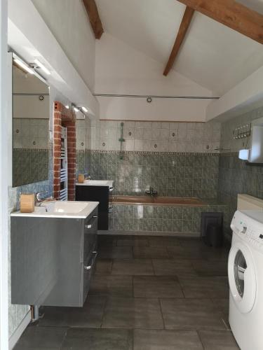 une salle de bain avec un lavabo et une machine à laver dans l'établissement Le Clos de Ramousies, à Ramousies