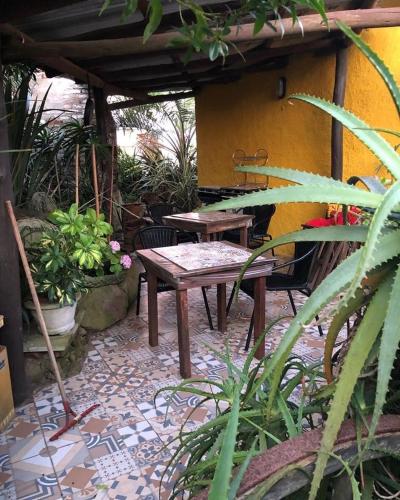 a patio with a table and chairs and plants at El cuento del gainford in Aguas Dulces