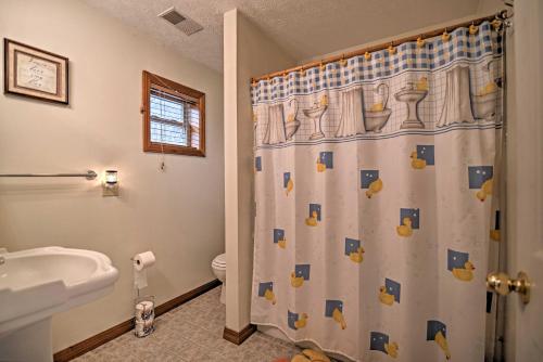 a bathroom with a shower curtain with a toilet and a sink at Riverfront Elkins Home with Fireplace and Deck! in Elkins
