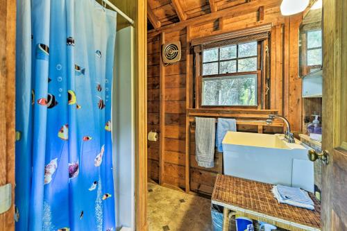 a bathroom with a blue shower curtain and a sink at Mattapoisett Home on 7 Acres with Private Beach! in Mattapoisett